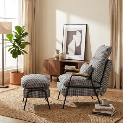 MCombo Accent Recliner Chair with Ottoman, Modern Fabric Armchair, Upholstered Sofa Bed for Living Room Bedroom, Small Space 4055 (Black Frame, Houndstooth)