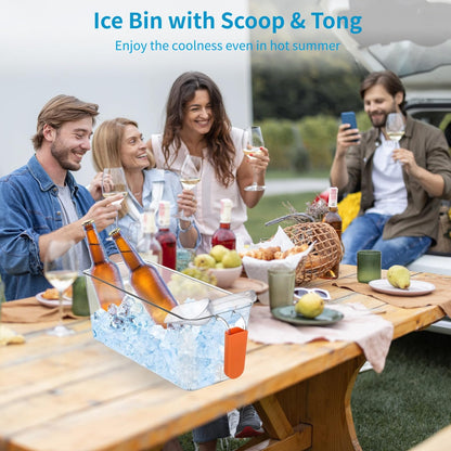 2 PCS Ice Bin with Scoop and Tong, Ice Bucket with Pull-out Handle for Freezer, 2 Sizes Clear Plastic Ice Container for DIY Drink Summer Party, 12.2 x 6.9 x 4.3 in, 12.2 x 4.9 x 4.3 in
