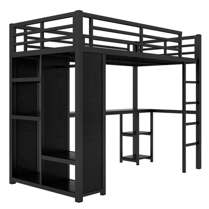 Bellemave Metal Twin XL Size Loft Bed with Desk and Wardrobe,Heavy Duty Loft Bed Frame with Storage Shelves for Kids,Teens,Adults, Space Saving,Black