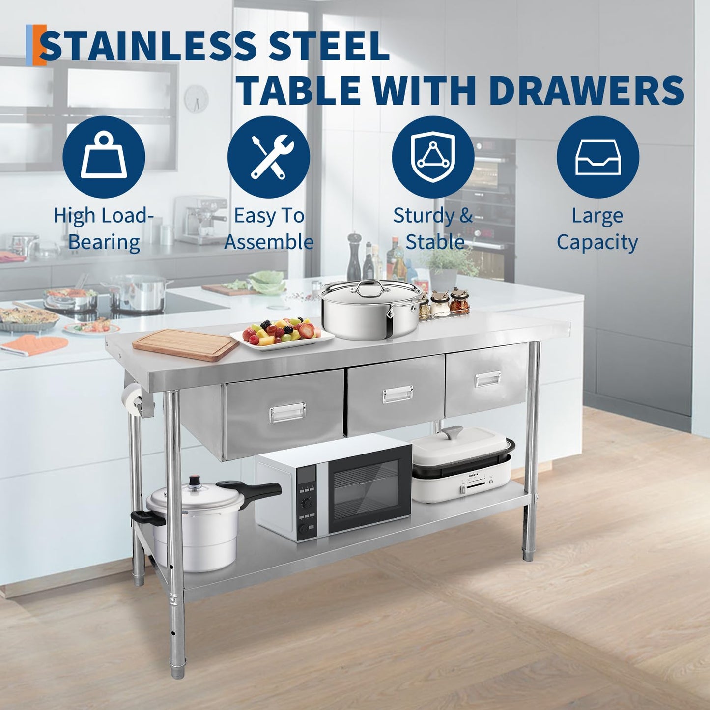 60" x 24" Stainless Steel Table with 3 Drawers, NSF Prep Table with Adjustable Undershelf & Paper Towel Holder, Heavy-Duty Food Prep Worktable for Commercial Kitchen Restaurant Garage Warehouse
