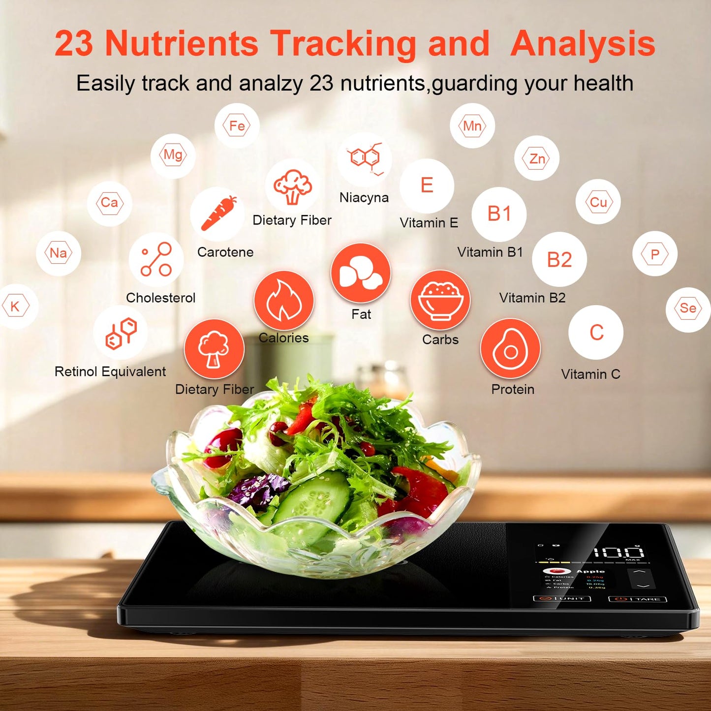 Smart Kitchen Food Scale with Nutritional Calculator, Calorie Fat Carbs Protein Tracker, Free App, Barcode Scan, Food Preload, On-Screen Nutrient Display, Personal Goals, 11 lb / 5 kg
