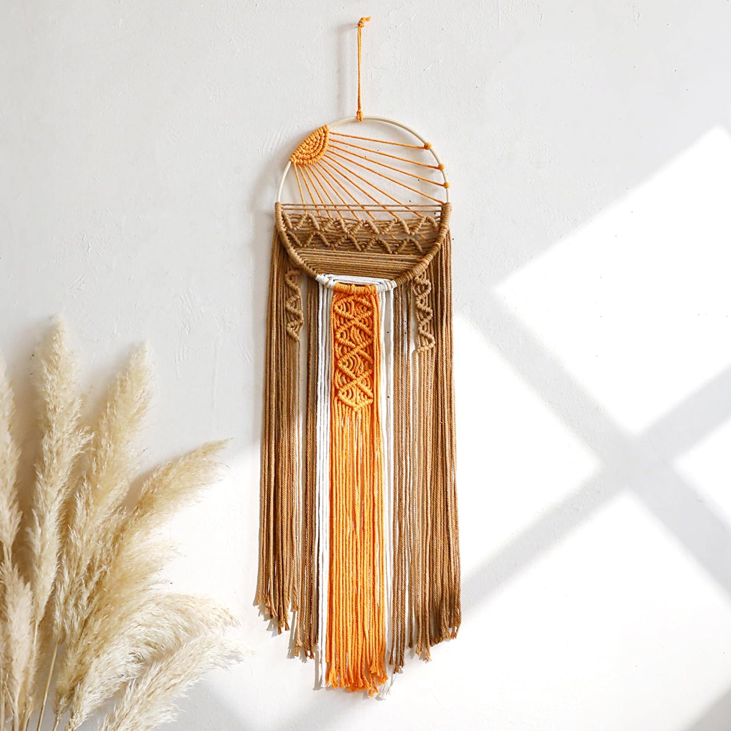 Artilady Macrame Wall Hanging Tapestry Sunrise Wall Art Boho Hanging Tapestries Large Dream Catcher, Hand Woven Orange Brown Sun Home Decorations for Bedroom Living Room Nursery (Brown Sunrise)