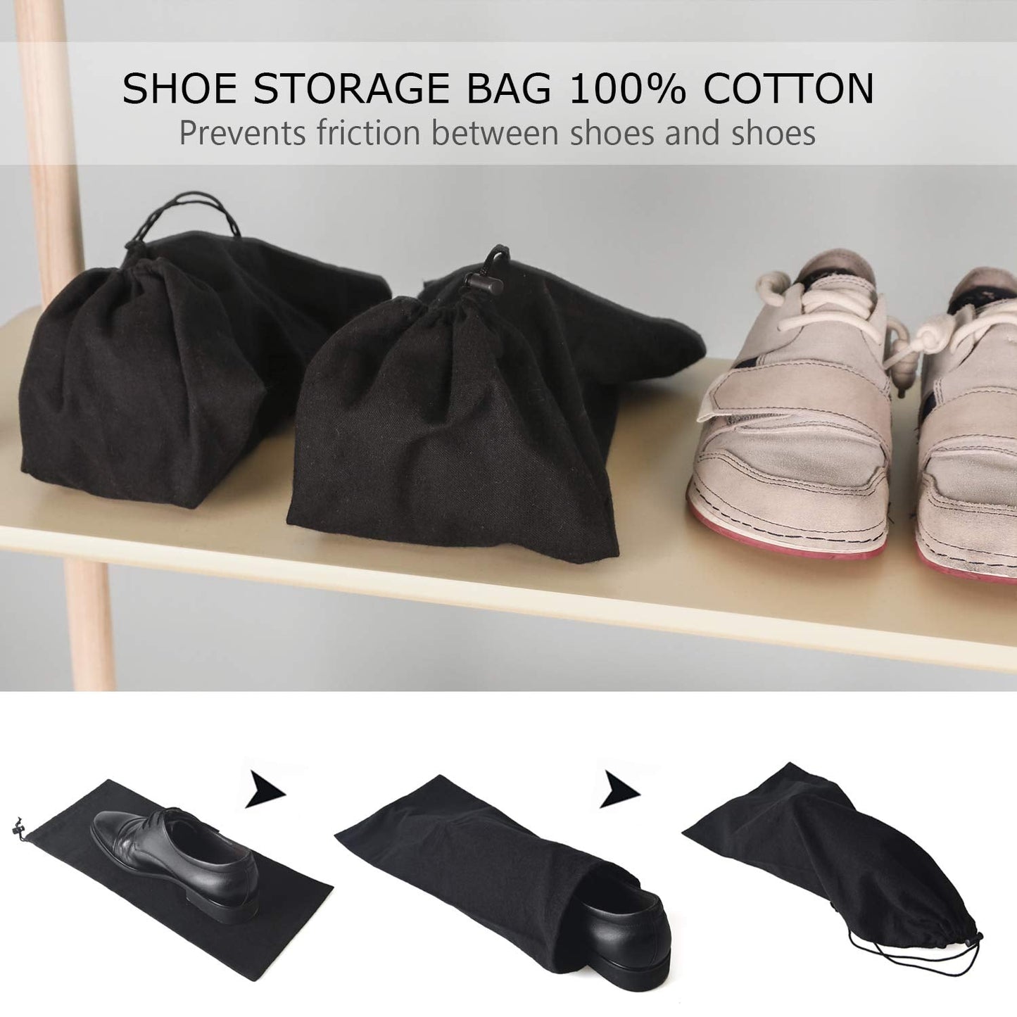 PlasMaller Shoe Storage Bags 100% Cotton with Drawstring For Men and Women for Travel Protecting and Storing Shoes (Black, Set of 4)