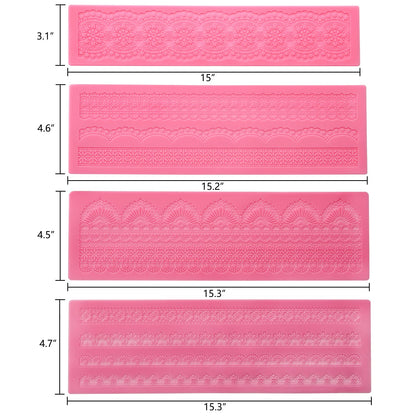 Hedume Set of 4 Sugar Edible Cake Silicone Fondant Impression Lace Mat, 15.5" Large Mold, Flower Pattern Molds Craft Tools for Cake Decorating
