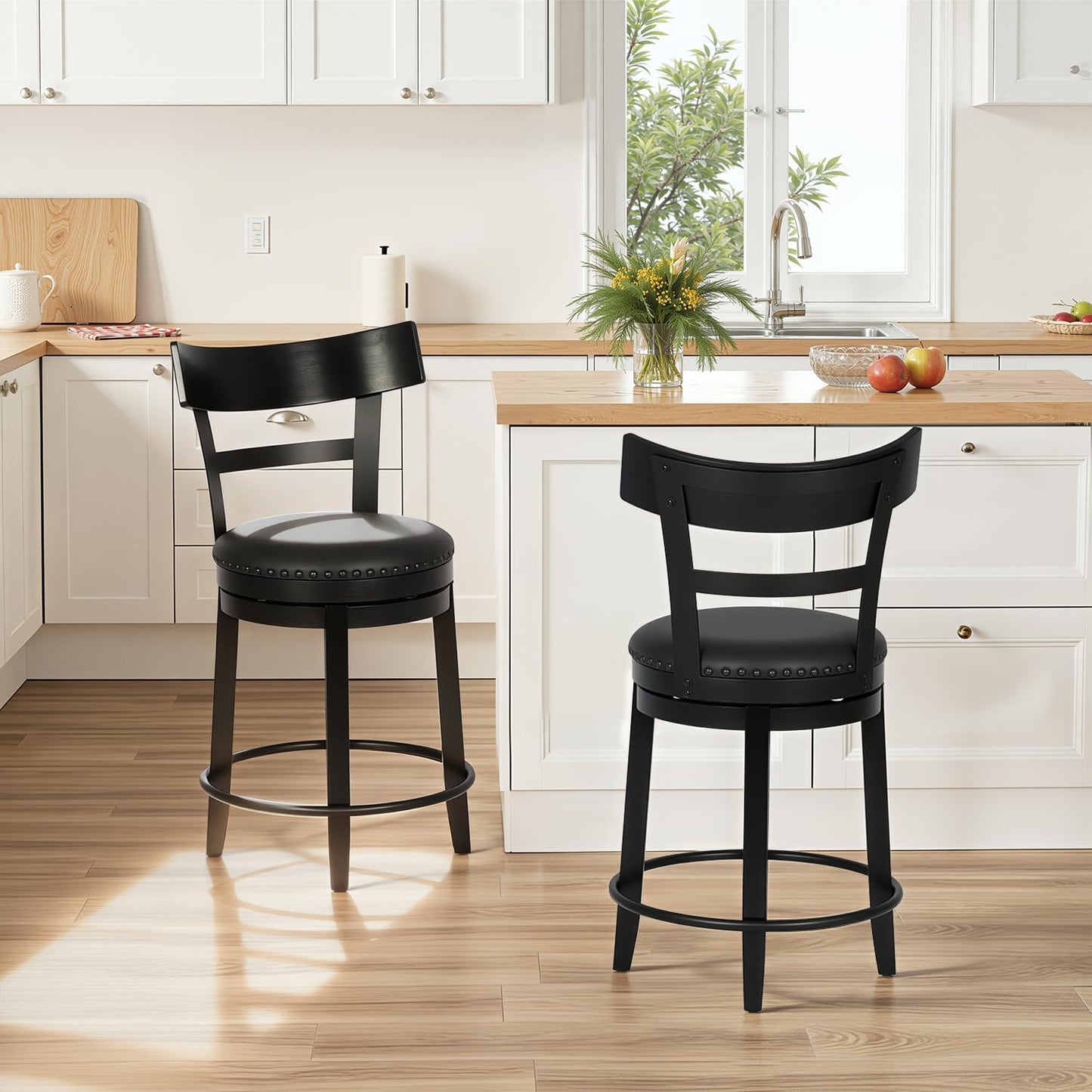 FDW Swivel Counter Height Bar Stools Set of 2 with Back, 24 Inch Upholstered Bar Stools, 360° Swivel Seat with Footrest, Black