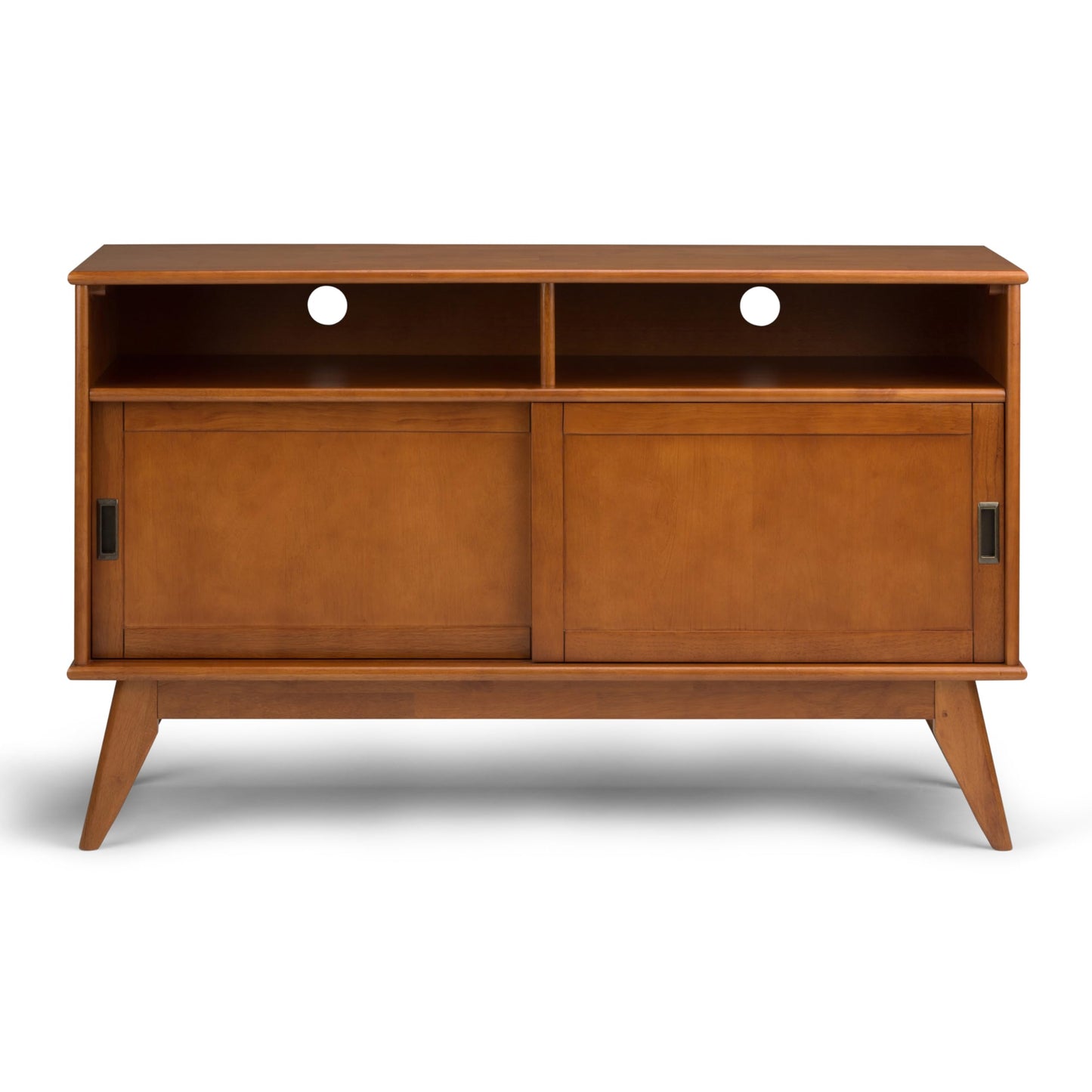 SIMPLIHOME Draper TV Stand - 54 inch Wide Solid Wood Tall Media Console in Teak Brown, Mid Century Modern Entertainment Center for Living Room for TVs up to 60 Inches with Shelves and Cable Management