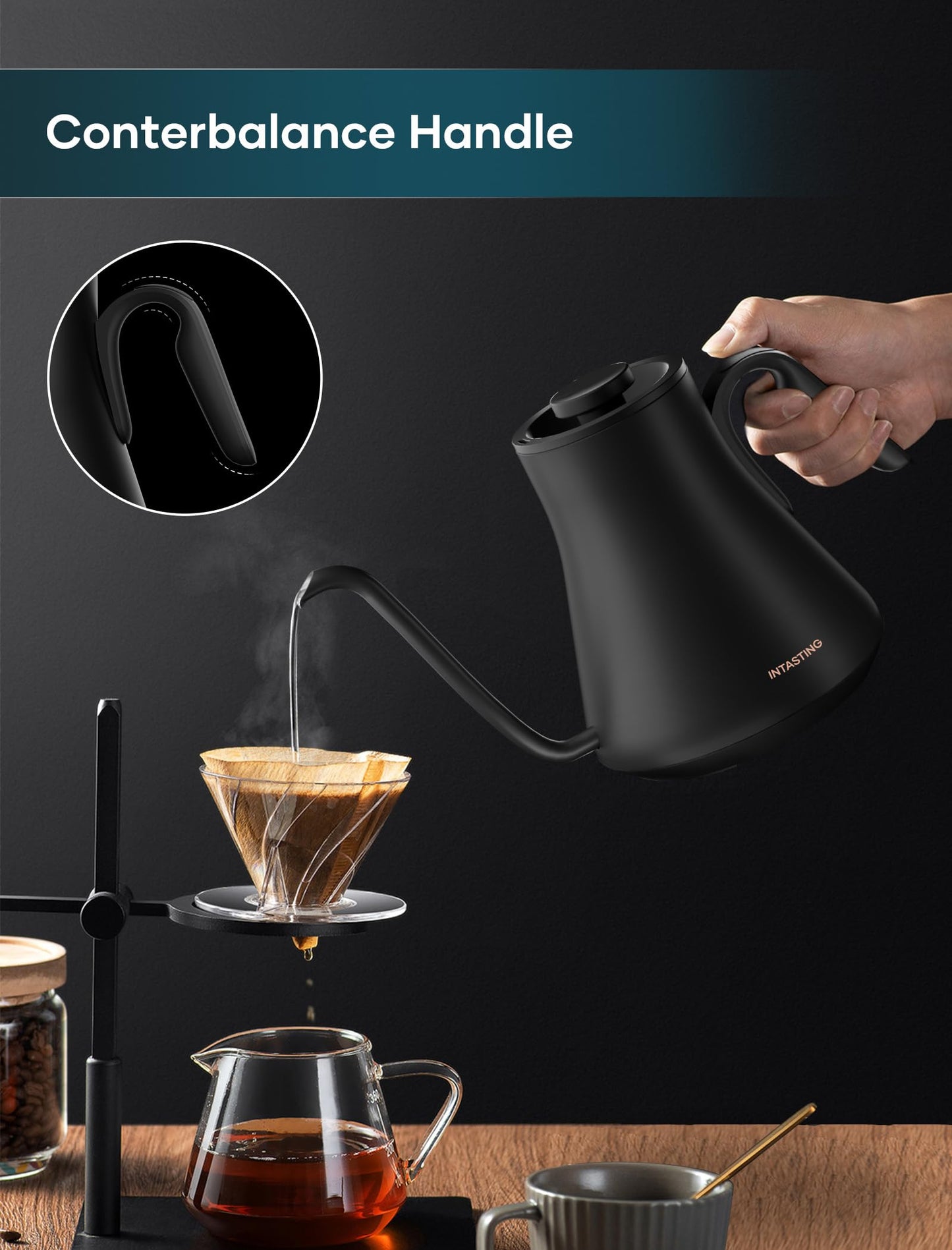INTASTING Electric Kettle, Gooseneck Electric Kettle, ±1℉ Precise Temperature Control, Stainless Steel Interior, Quick Heating for Pour Over Coffee, Tea & Boiling Water, 0.9L (Black)