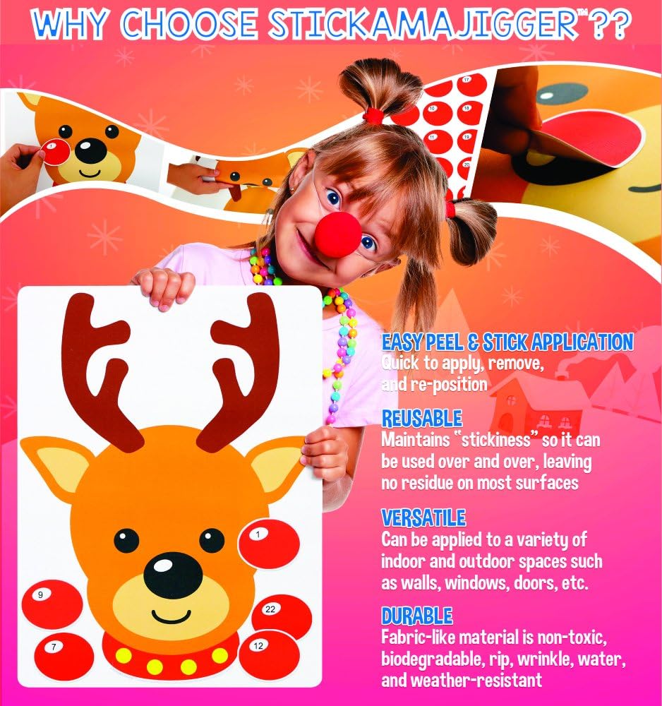 Stickamajigger Stick the Red Nose on the Reindeer Poster Game - Restickable & Reusable