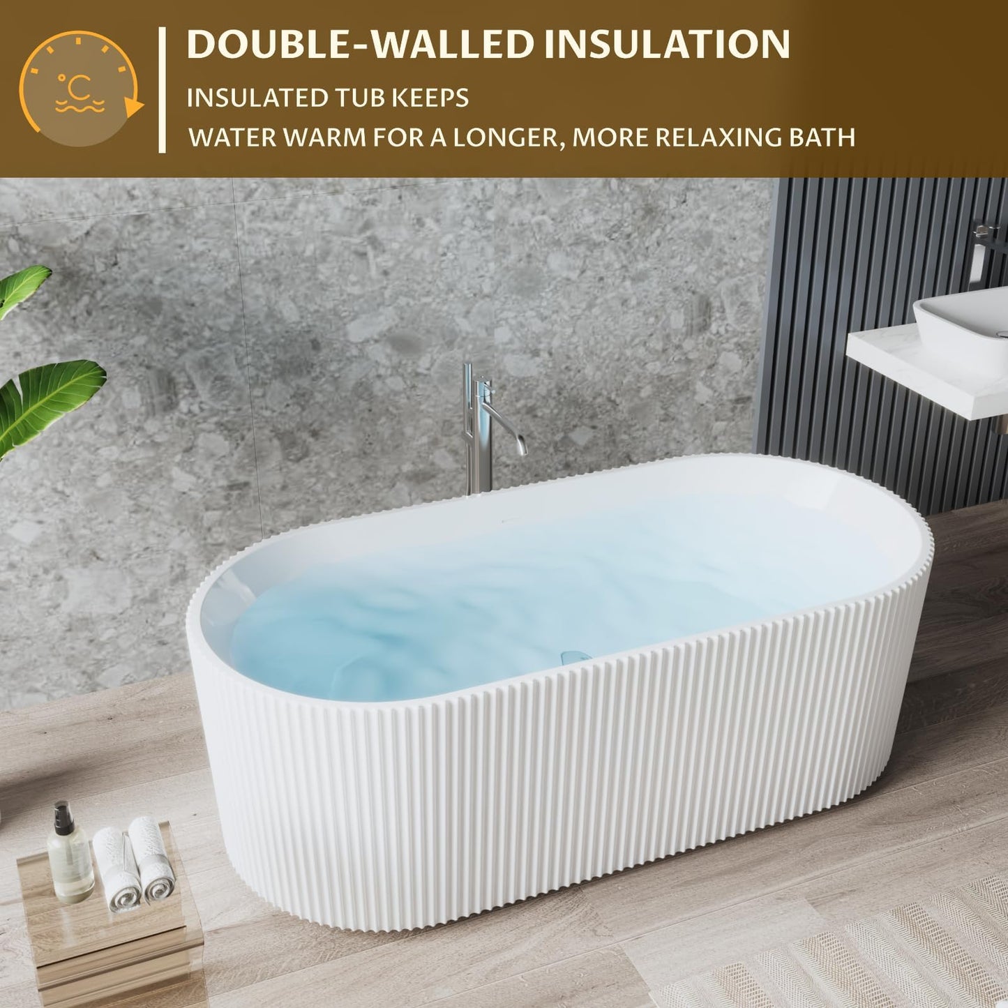 59" Modern V-Shape Freestanding Bathtub - Gloss White Acrylic Soaker with Pleated Design, Chrome Drain & Overflow,Cupc Certified,Gloss White