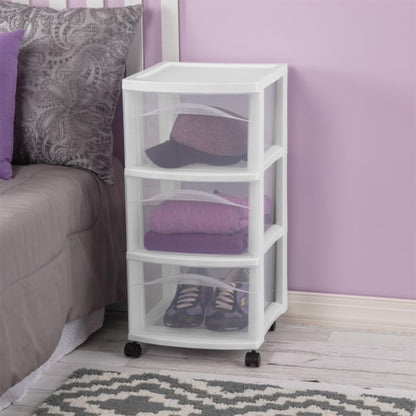 Sterilite 8 Pack 3 Drawer Storage Cart, Plastic Medium Organizer with Wheels, White - Multipurpose Bin for Crafts, Accessories, or Office Supplies