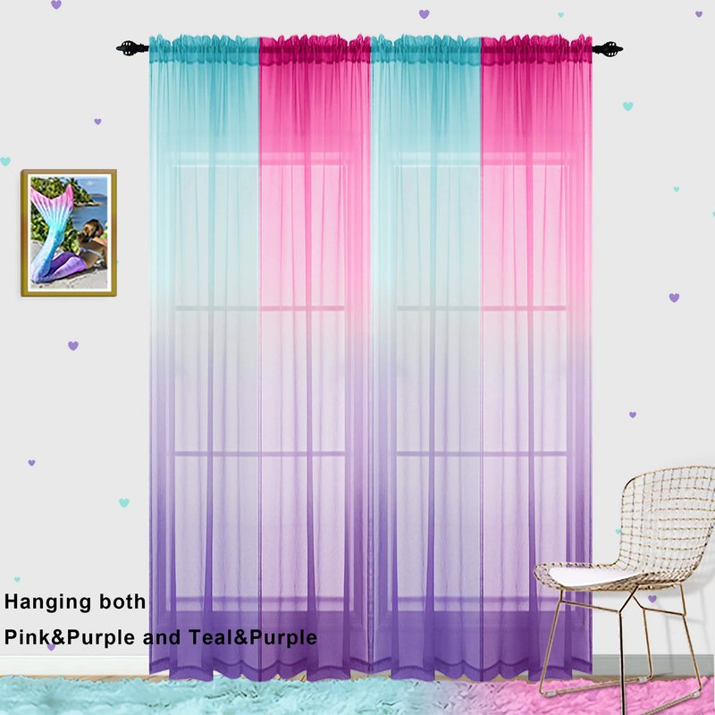 Sheer Curtains for Little Girls Bedroom, Kawaii Cute Preppy Teen Toddler Ombre Rainbow Curtains for Nursery Kids Room Decor Aesthetic, Wide 52 x 84 Inches Long 2 Panels Set, Pink and Purple Lilac