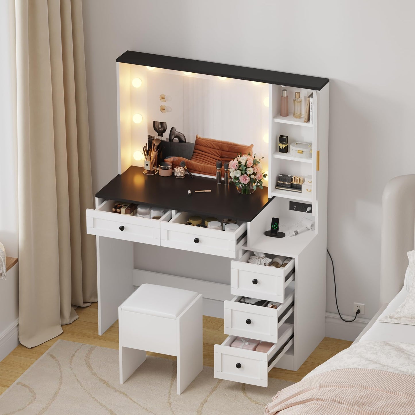 GarveeHome Makeup Vanity Desk and Stool, Vanity Desk with Lights, Vanity Table Set with Charging Station, Drawers and Hidden Storage Shelves, White