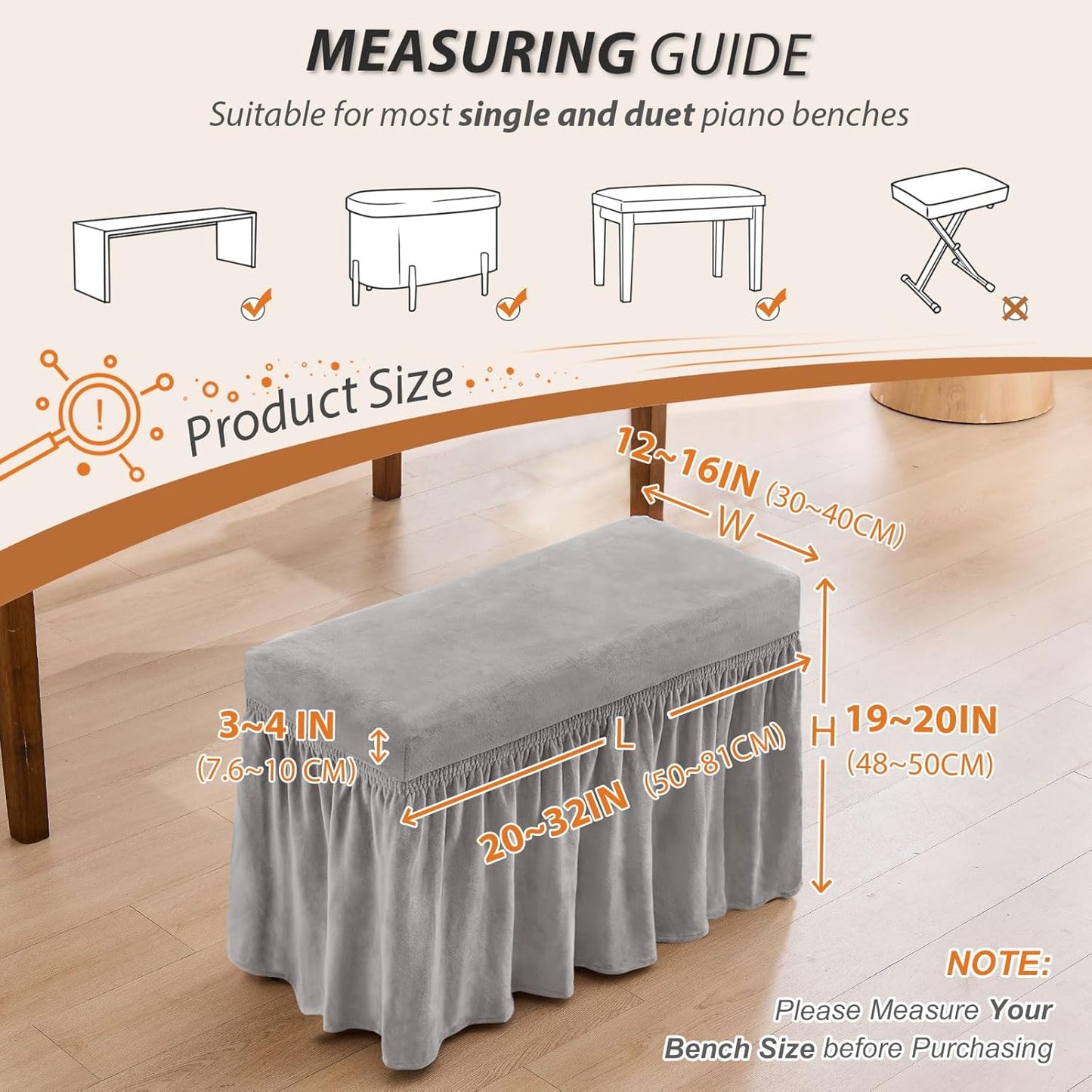 NICEEC Spandex Stretch Piano Bench Cover with Skirt Removable Ottoman Cover Rectangular Washable Stool Slipcover