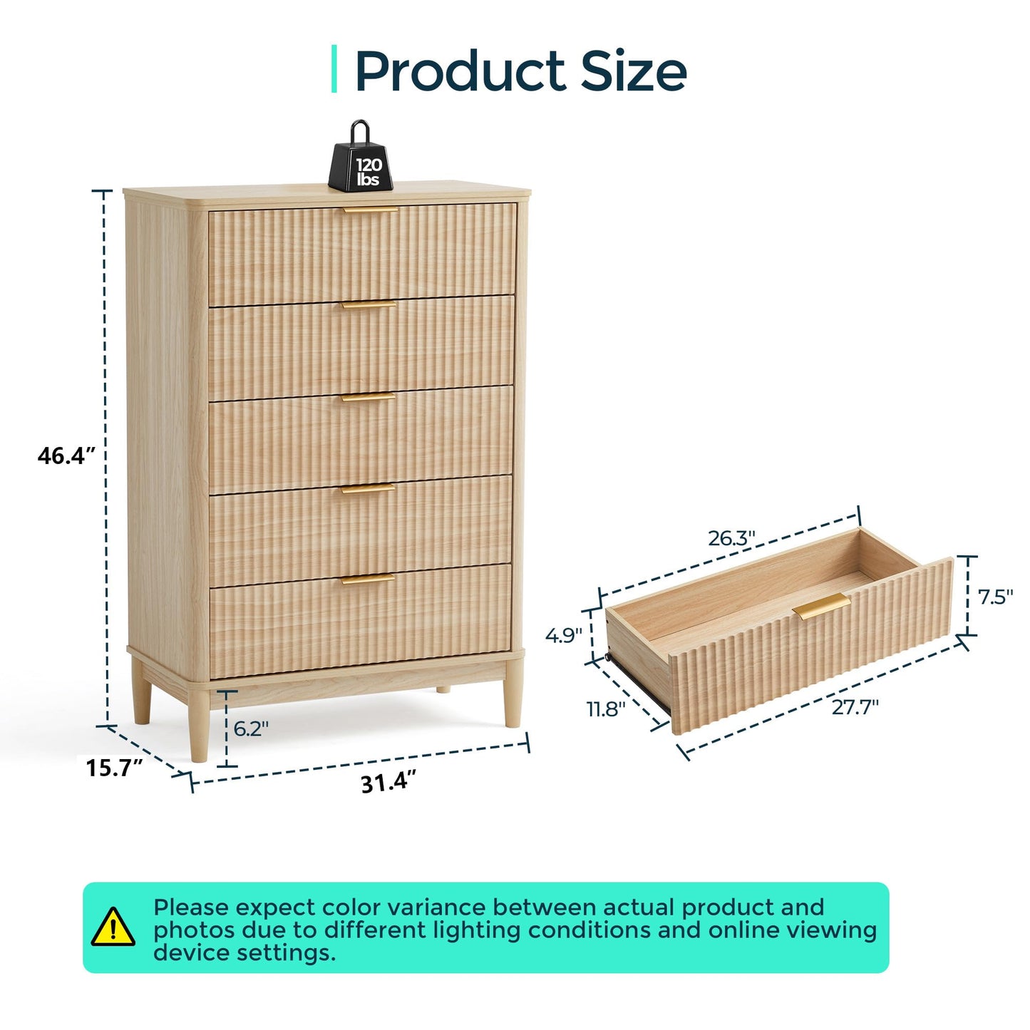 LINSY HOME Fluted 5 Drawers Dresser, 46" Tall Modern Chest of Drawers, Curved Profile Design, Mid Century Wood Dresser with Metal Handle for Bedroom, Living Room, Hallway, Entryway, Oak