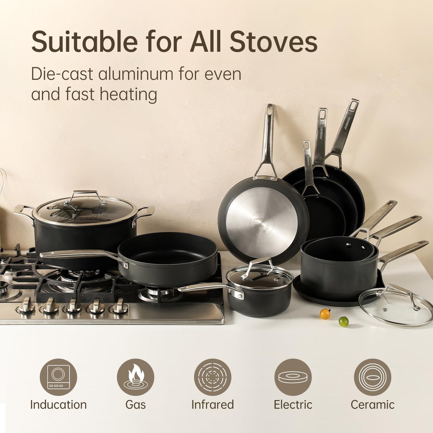 MsMk 8 inch Small Frying Pan with Lid, Burnt also Non stick Omelette pan, PFOA Free Non-Toxic, Scratch-resistant, for gas, electric and induction