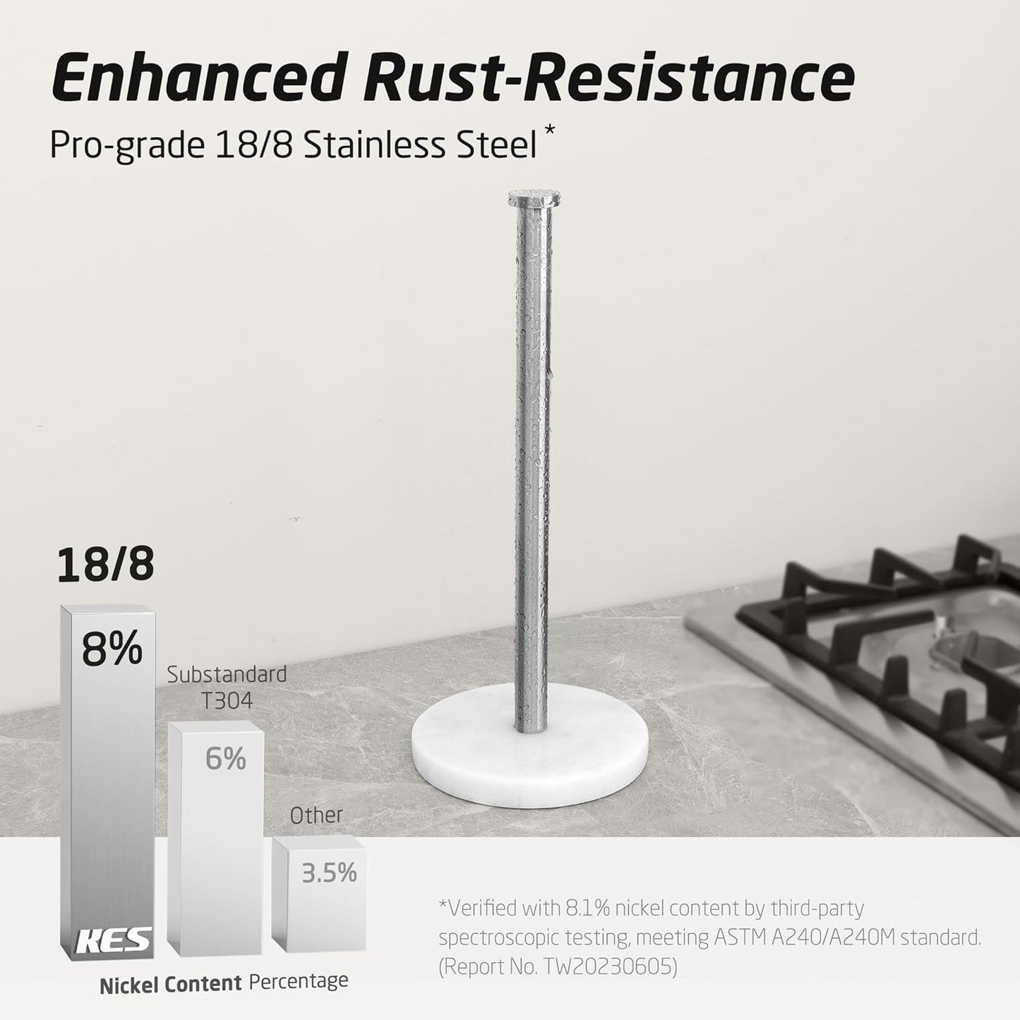 KES Paper Towel Holder Countertop, Natural Marble Base SUS304 Stainless Steel Roll Holder for Standard or Jumbo Rolls