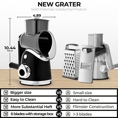 SUSTEAS Rotary Cheese Grater with Handle,Vegetable Slicer with 6 Interchangeable Blades, Reinforced Suction,Easy to Clean,Kitchen Shredder for Crushed Ice,Fruits and Nuts with Blade Storage Case,Black
