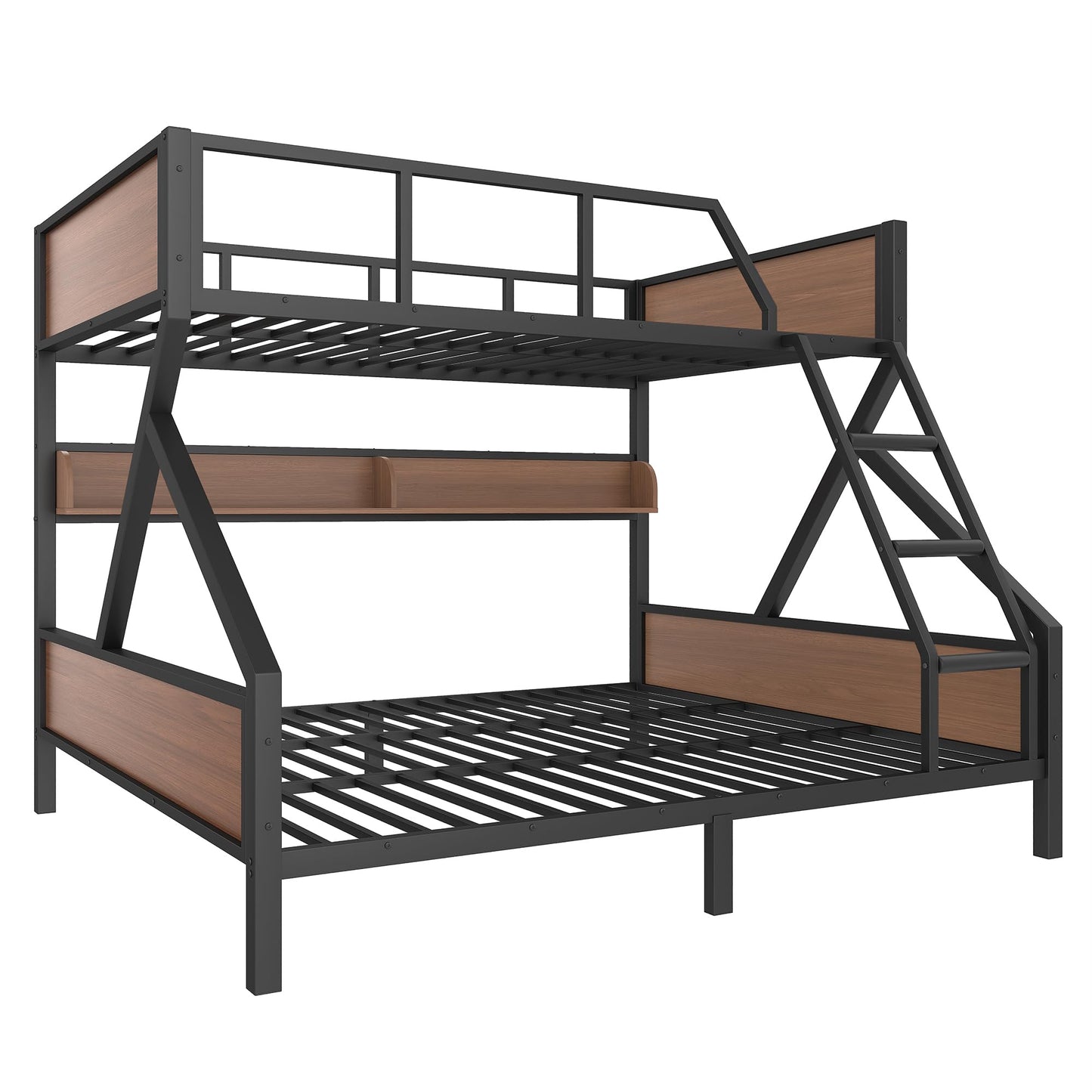 Bellemave Queen Over King Bunk Bed with Storage Shelf & LED Lights, Heavy Duty Metal Bunk Bed Frame with Guardrails & Ladder, No Box Spring Needed, Black