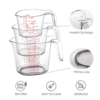 3-Piece Nesting Liquid Measuring Cups Set, Clear Plastic Measuring Jugs with Spout and Multiple Measurement Scales, 1 Cup, 2 Cup, 4 Cup for Baking and Cooking