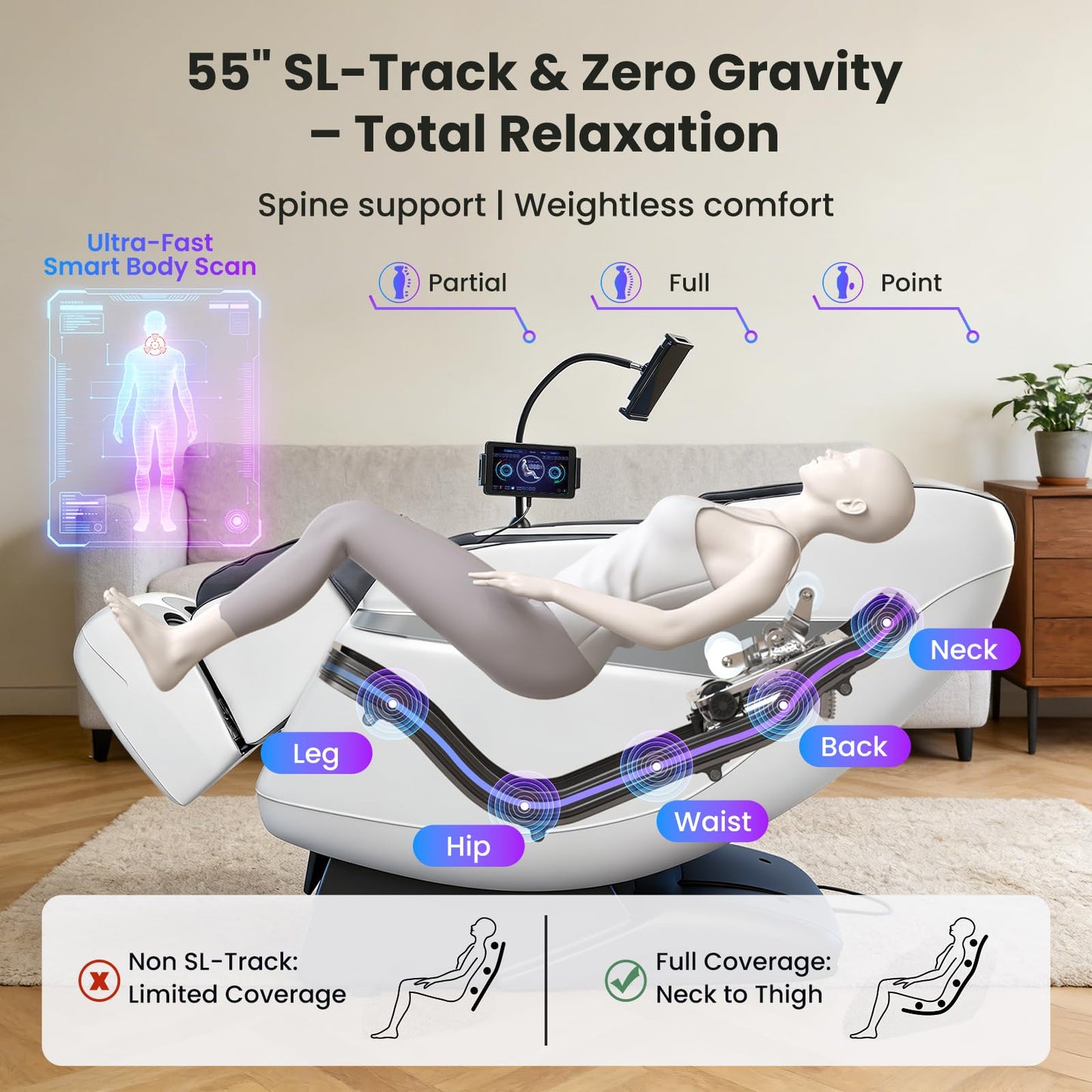 KTENTITO 4D Music Rhythm Massage Chair Full Body Recliner, 2026 Unique Sonic Resonance Zero Gravity SL-Track Shiatsu with Knee Heating Blanket AI Voice Bluetooth Foot Roller Body Scan Airbags G9 White