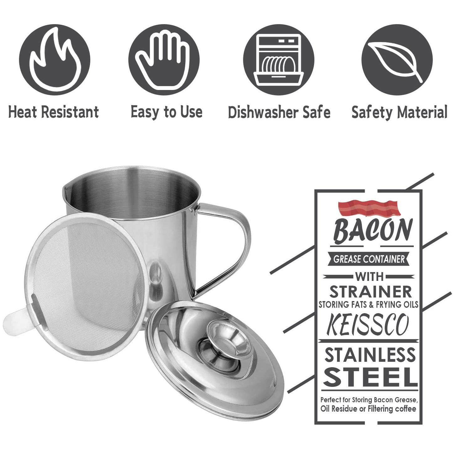 KEISSCO Bacon Grease Container with Strainer, Stainless Steel Oil Storage Can Container with Fine Mesh Strainer Fat Container Pot with Filter Screen, 1.25 QT / 5 Cups Grease Keeper Cooking Oil Keeper