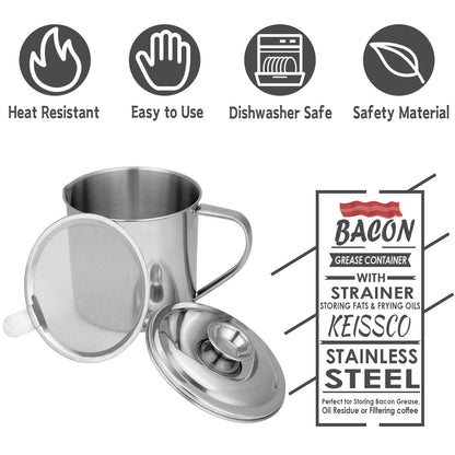 KEISSCO Bacon Grease Container with Strainer, Stainless Steel Oil Storage Can Container with Fine Mesh Strainer Fat Container Pot with Filter Screen, 1.25 QT / 5 Cups Grease Keeper Cooking Oil Keeper