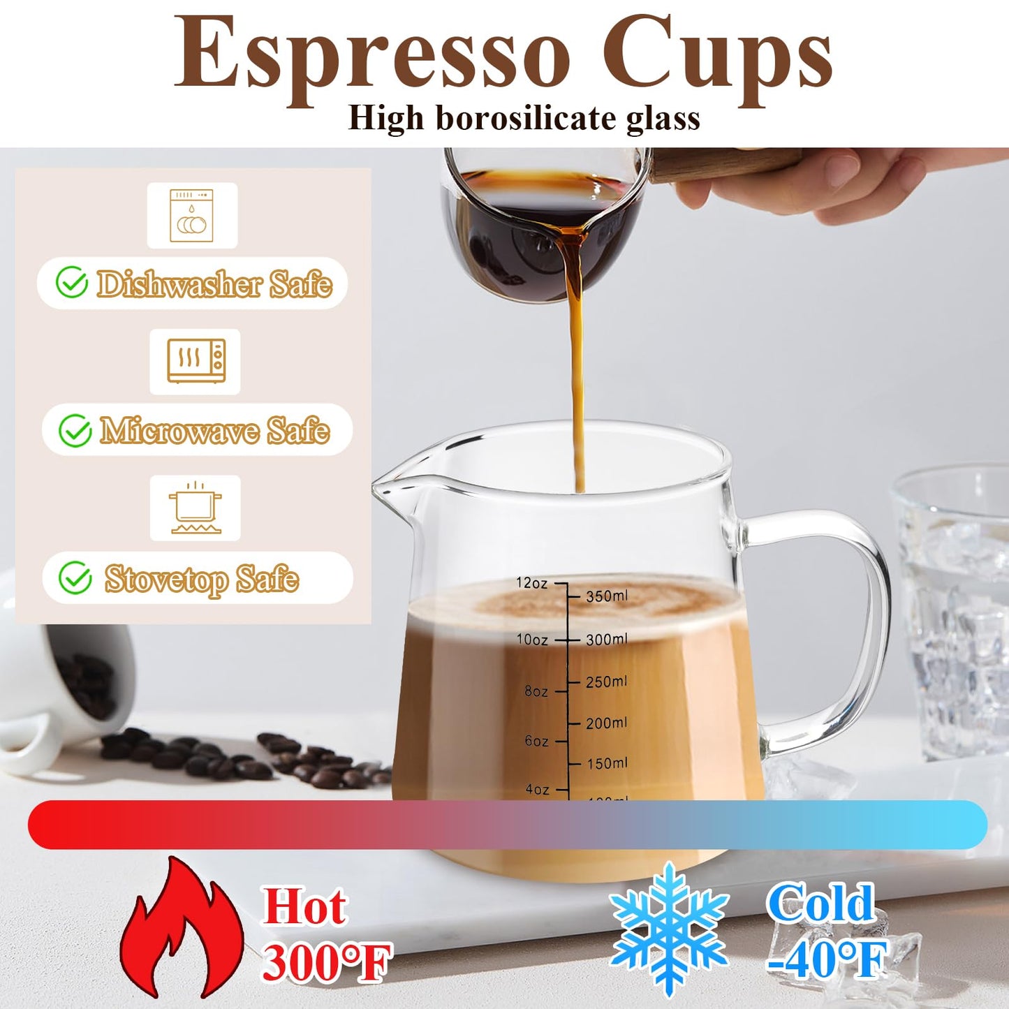 Milkary 4 Pack 12oz Coffee Measuring Glass Cups, Heat Resistant Espresso Shot Pitcher Glass Cup, Microwave & Dishwasher Safe Milk Frothing Pitcher Creamer Container