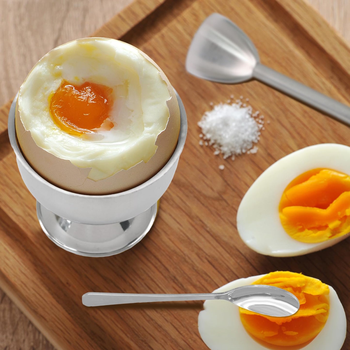 vibedor Egg Cups & Cracker Set of 5, 1 Stainless Steel Egg Topper Cutter - 2 Egg Holders for Soft Boiled Eggs - 2 Egg Spoons for Boiled Eggs
