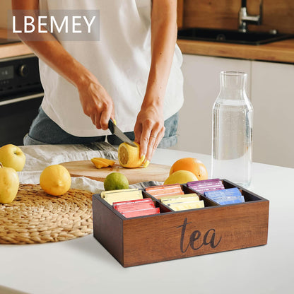 LBEMEY Tea Bag Organizer,Acacia Wood Tea Storage Containers with 6 Compartments, Sugar Packet Holder,Tea Bag Caddy Box for Cabinet Countertop Office (Brown-Labeled "Tea")