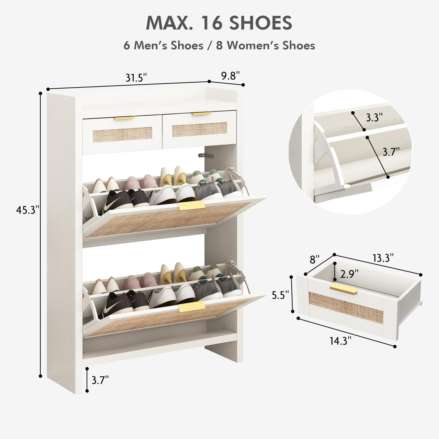 Shoe Organizer Cabinet Storage for Entryway - Slim Rattan Shoe Rack for Front Door Entrance, Narrow Hidden Shoe Cabinet with Flip Drawers, Boho Shoe Holder Cabinet，Two Doors, White, Set of 2