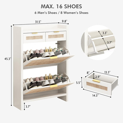 Shoe Organizer Cabinet Storage for Entryway - Slim Rattan Shoe Rack for Front Door Entrance, Narrow Hidden Shoe Cabinet with Flip Drawers, Boho Shoe Holder Cabinet，Two Doors, White, Set of 2