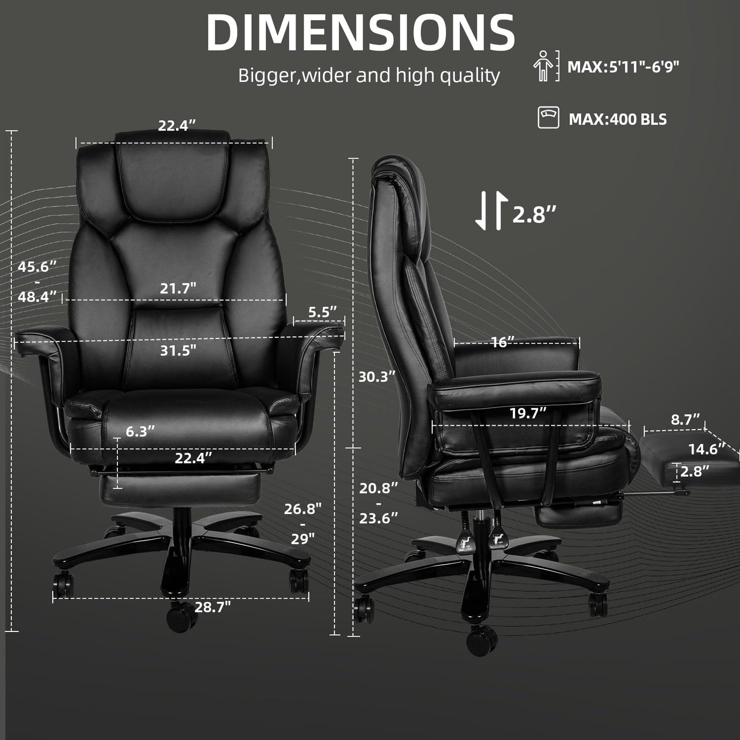 Sucrever Reclining Office Chair with Footrest, Big and Tall Home Office Desk Chairs 400lbs with High Back, Criss Cross Wide Seat, Heavy Duty Base, Pu Leather, Black