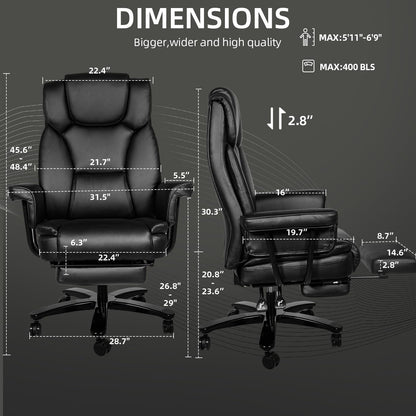 Sucrever Reclining Office Chair with Footrest, Big and Tall Home Office Desk Chairs 400lbs with High Back, Criss Cross Wide Seat, Heavy Duty Base, Pu Leather, Black