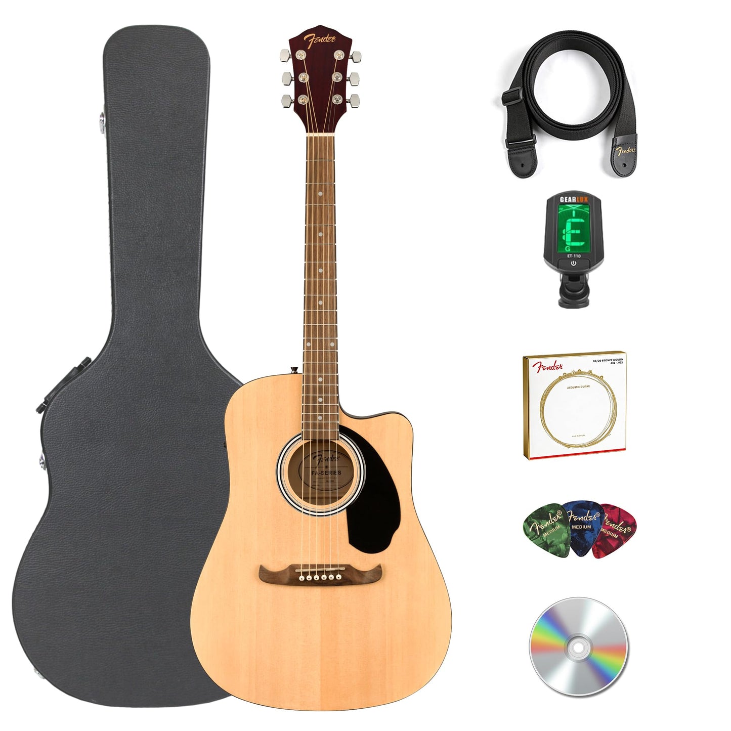 Fender FA-125CE Dreadnought Cutaway Acoustic-Electric Guitar - Natural Bundle with Hard Case, Tuner, Strap, Strings, Picks, and Austin Bazaar Instructional DVD