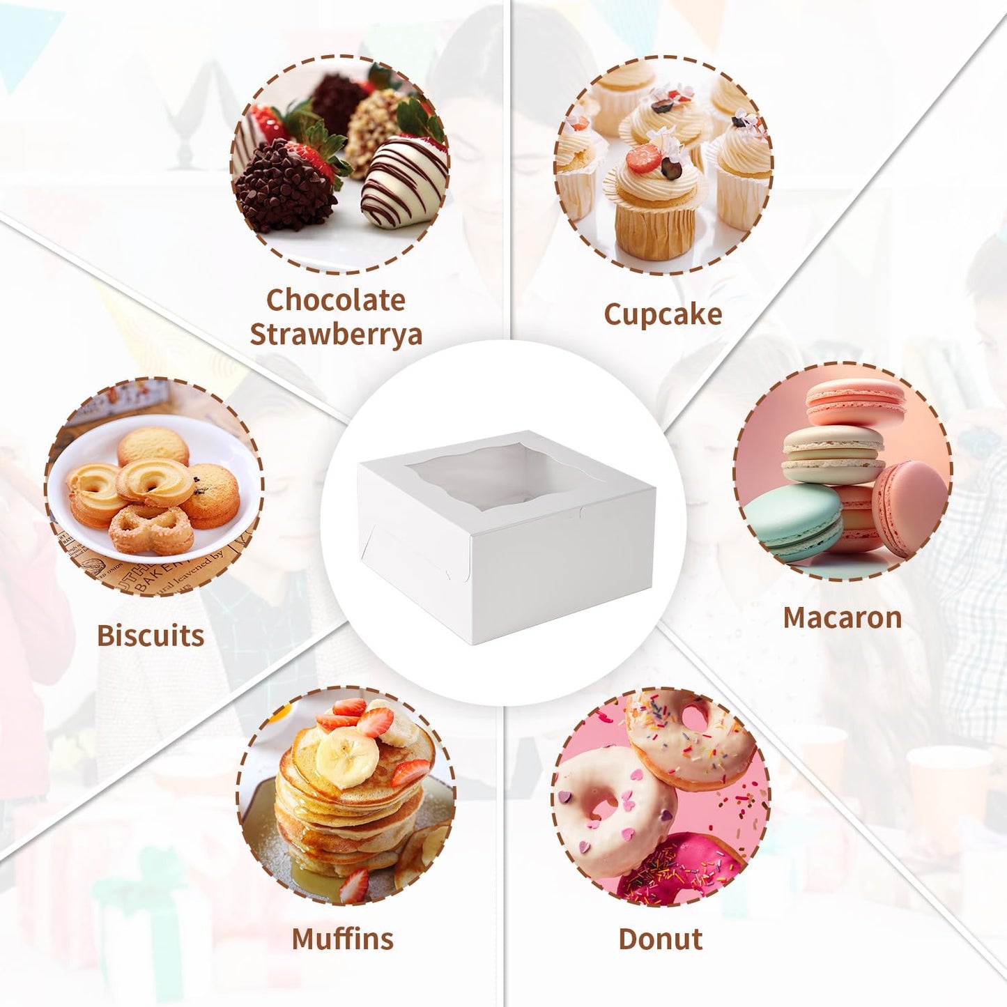 PFAMKEER Bento Cake Box With Cupcakes, Clear Window 6 Holes Bento Combination,6 Sets: Cookie Boxes Fit 5 Regular Cupcake and Mini Cakes, Christmas Wedding Birthday Party (White/clear, 1+5/6pcs)