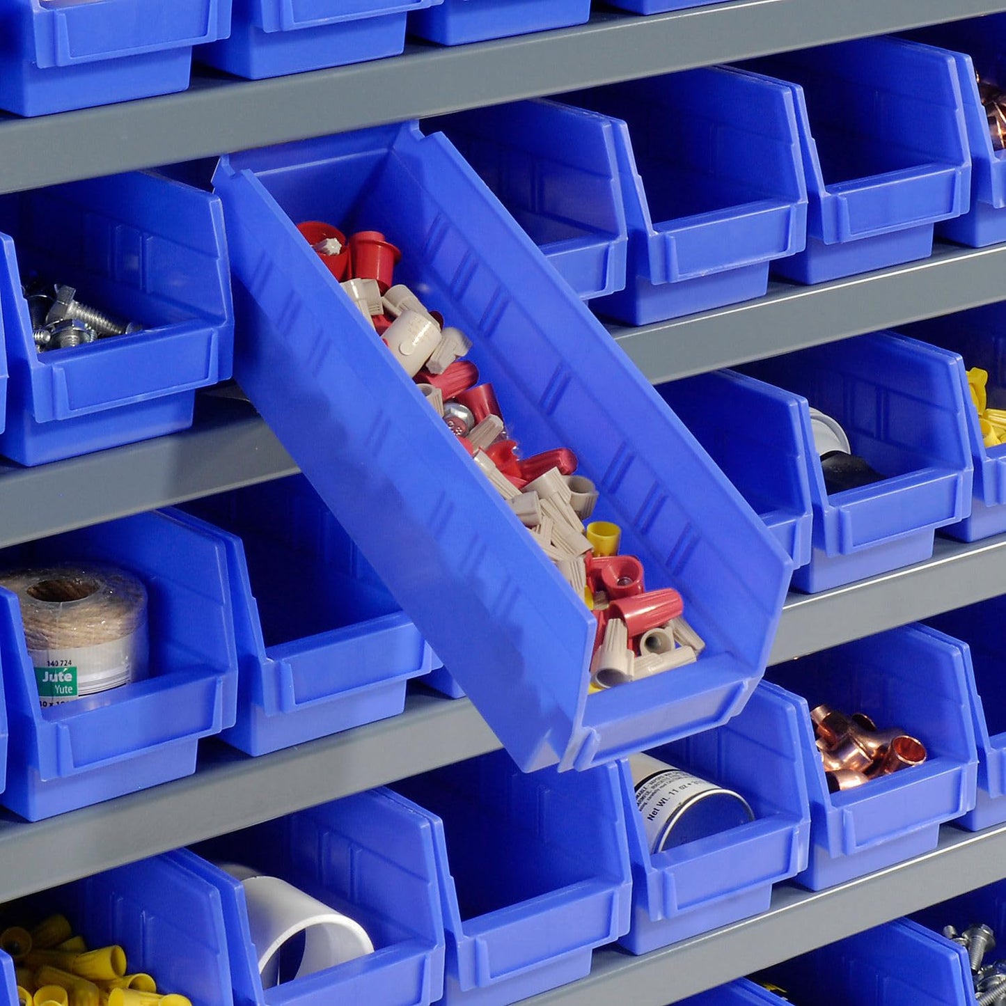 Global Industrial 7 Shelf Steel Shelving with (48) 4" H Plastic Shelf Bins, Blue, 36" W x 12" D x 39" H, Single-Sided Open Shelving with 48 Plastic Shelf Bins