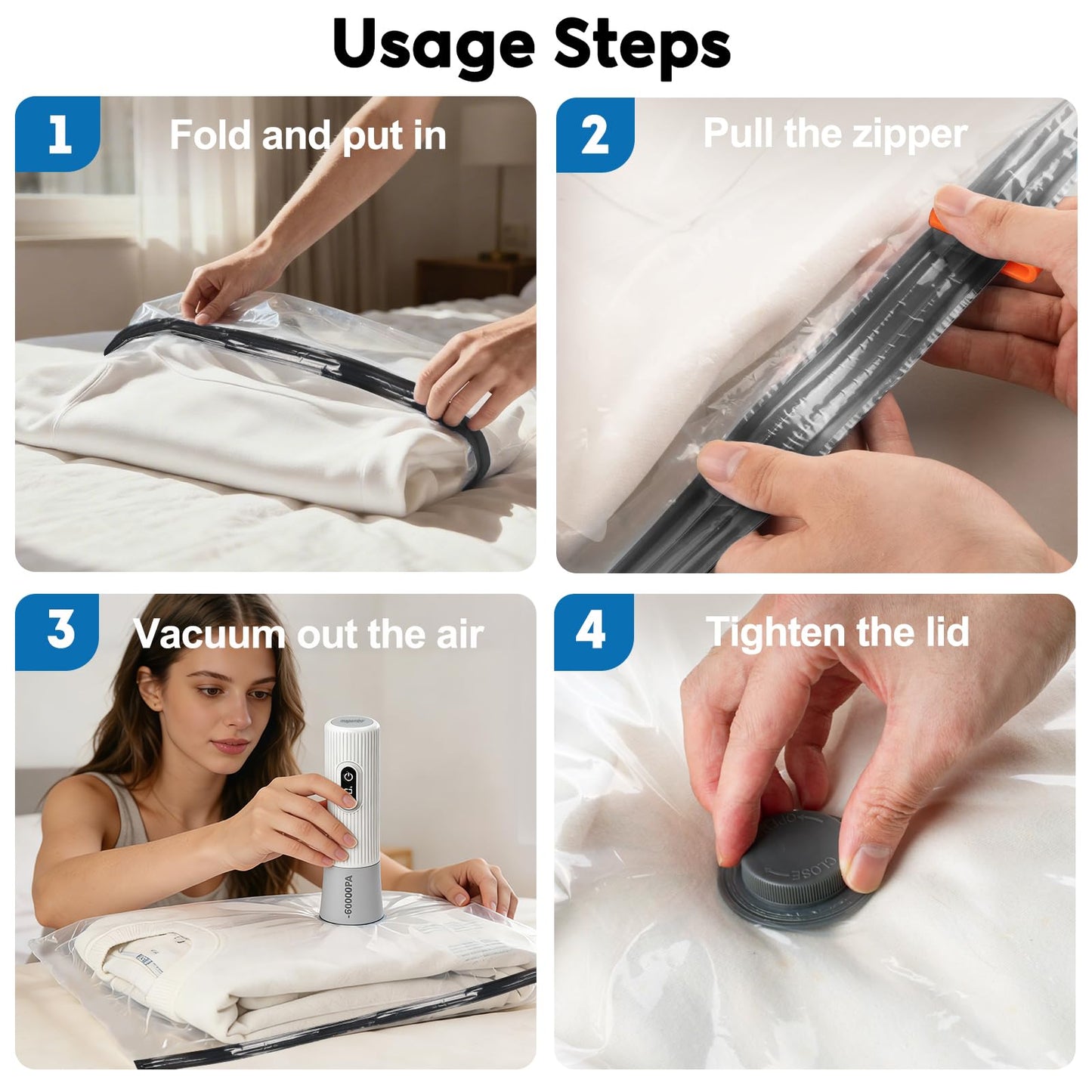 Mapambo Travel Vacuum Bags with -60000Pa LED Electric Pump, 15 Pack Vacuum Seal Bags for Clothing Travel in 3 Combo sizes, Space Saver Vacuum Storage Bags, Saving up to 80% of Space (15 Combo Size)