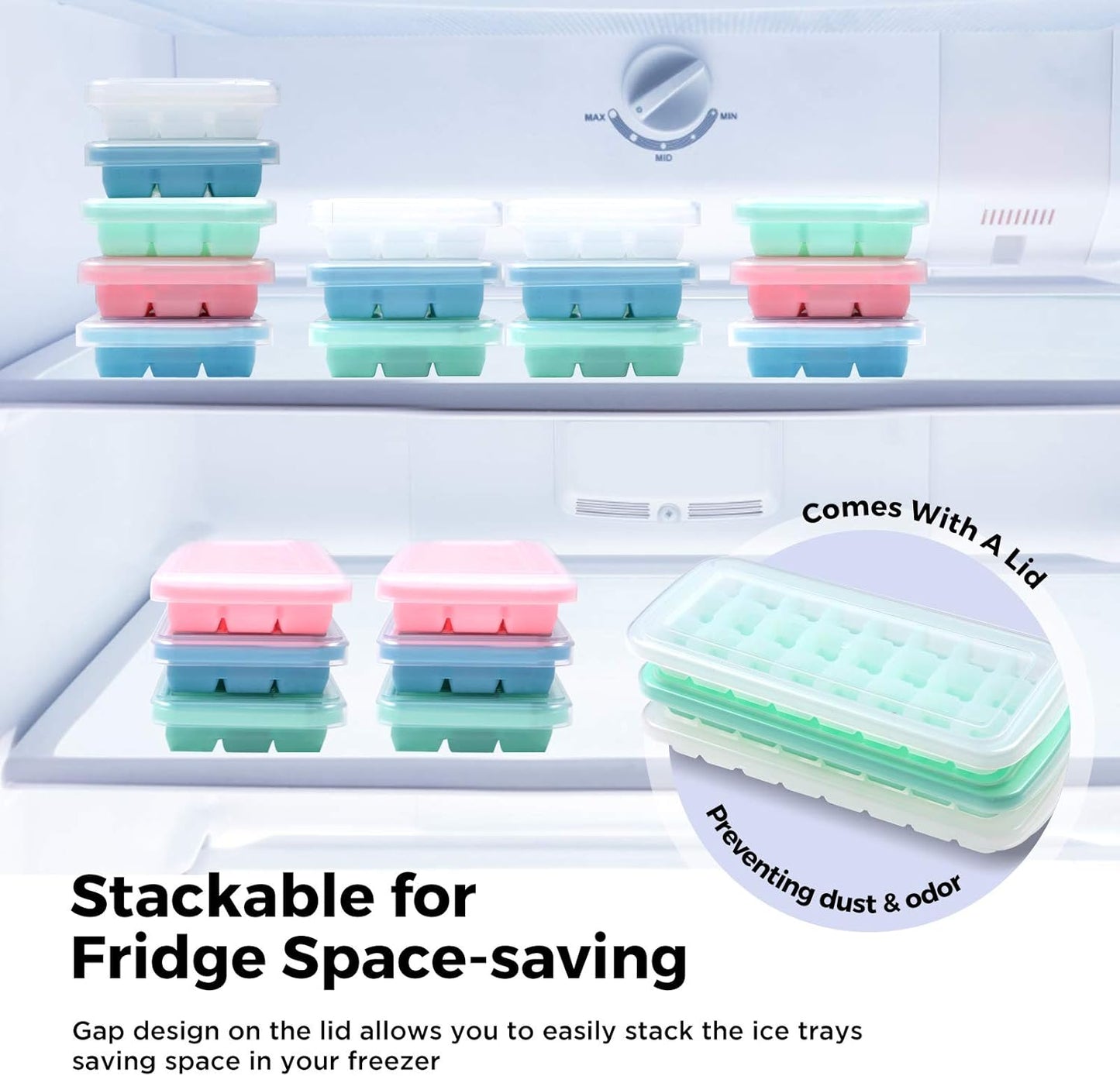 Soft Silicone Ice Cube Tray with PP Lid, Flexible Ice Cube Trays for Freezer (24 Cubes, Blue)