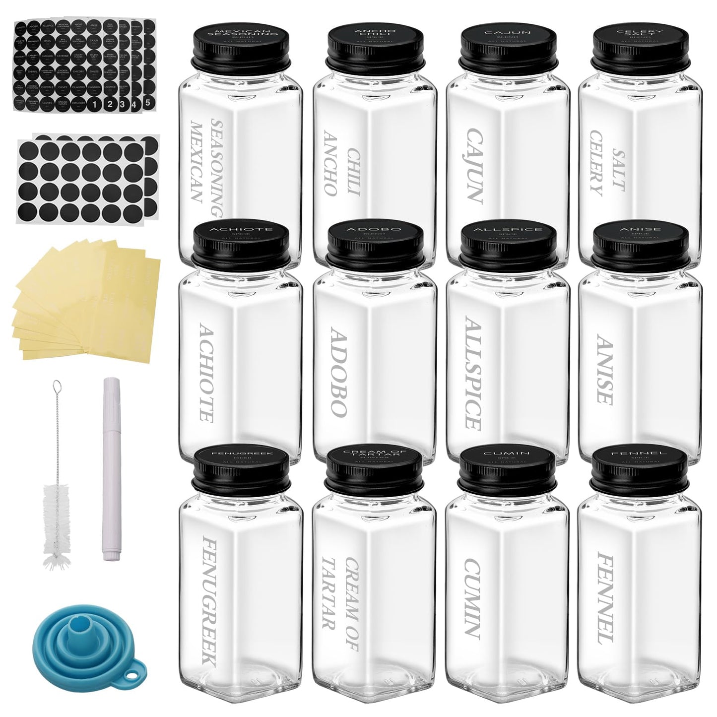 12Pcs 4 OZ Glass Spice Jars with black Metal Caps, Glass Jars with Minimalist Farmhouse Spice Labels Stickers, Collapsible Funnel, Seasoning Storage Bottles for Spice Rack, Cabinet, Drawer (12)