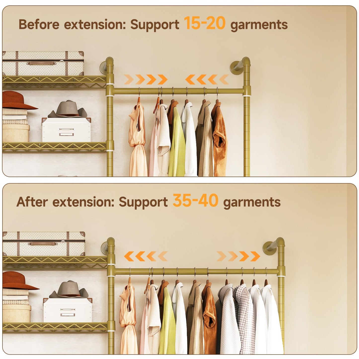 ONBRILL L7 Wall Mounted Industrial Pipe Clothing Rack – Heavy Duty Modular Closet System with 9 Hanging Rods ( 6 Expandable) & 10 Adjustable Shelves, Corner Garment Rack, Large Wardrobe - Gold