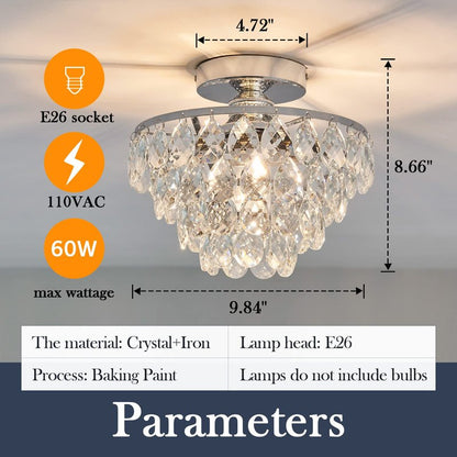 YYJLX Modern E26 Small Crystal Chandelier Semi Flush Mount Ceiling Light Fixture Silver Ceiling Lamp for Hallway Bedroom Bathroom Closet Bedroom Foyer （Chrome）