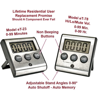 Elegant Digital Kitchen Timer, Stainless Steel Model eT-78, Displays 0-99 Min. or 0-99 Hr., Super Strong Magnet, Volume Switch for Mute/Soft/Loud Alarm, Auto Shut Off, Auto Memory by eTradewinds