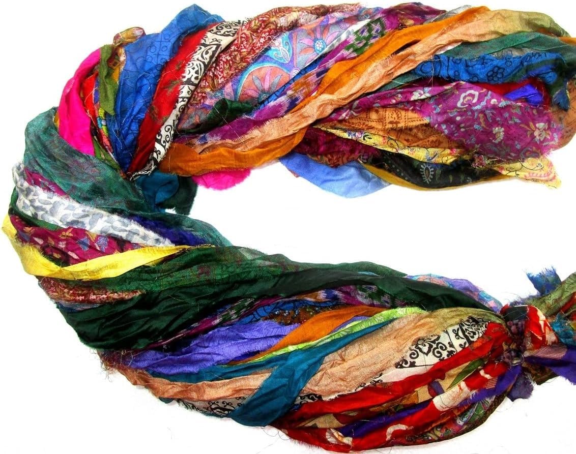 42 Yards Recycled Sari Silk Ribbon Yarn Strips – 42 Pcs 1 Yard Each, Unstitched Pure Silk Fabric Tassel Skeins, Mixed Random Shades for Journaling, Scrapbooking, Jewelry & Craft Projects