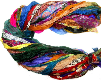 42 Yards Recycled Sari Silk Ribbon Yarn Strips – 42 Pcs 1 Yard Each, Unstitched Pure Silk Fabric Tassel Skeins, Mixed Random Shades for Journaling, Scrapbooking, Jewelry & Craft Projects