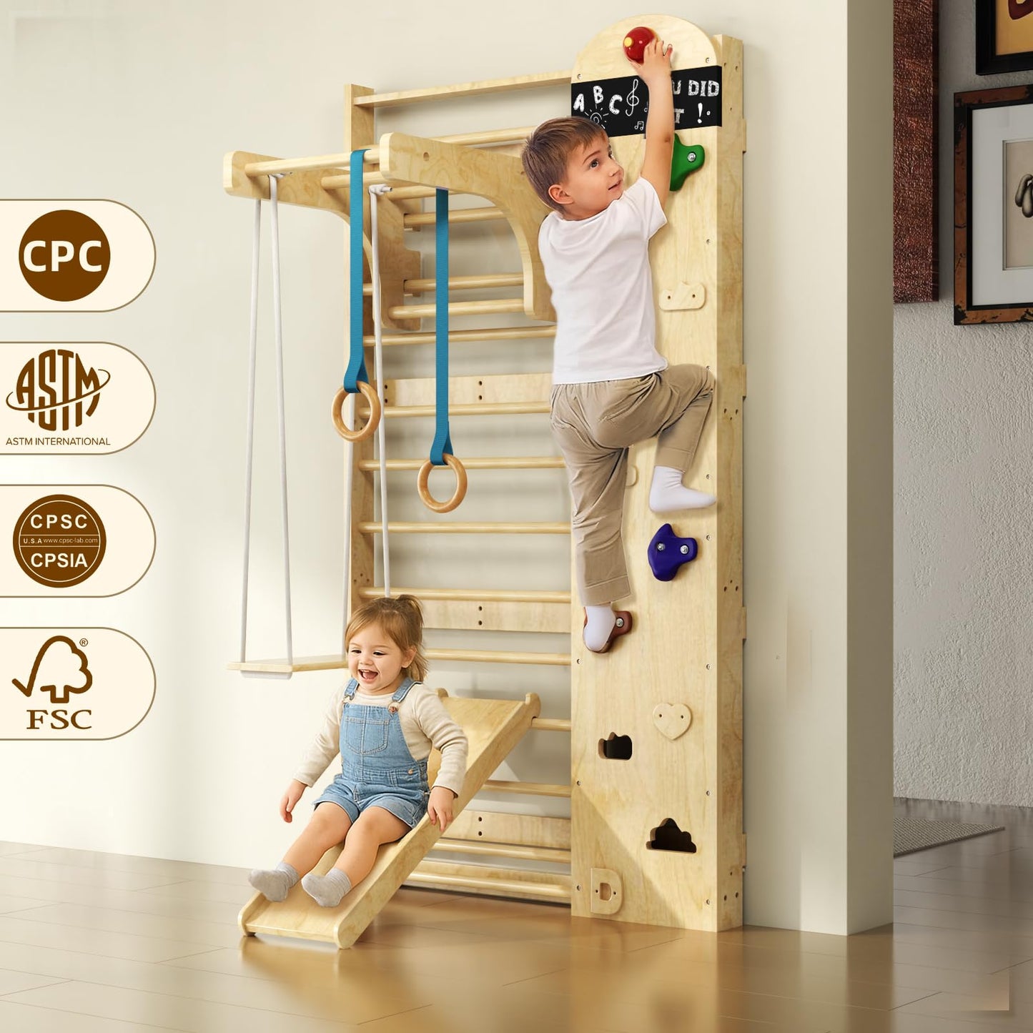 Swedish Ladder 7-in-1, Indoor Wooden Playground, Rock Climbing Wall for Kids and Adults, Kids Indoor Playset, Wooden Jungle Gym, for All Levels and Abilities
