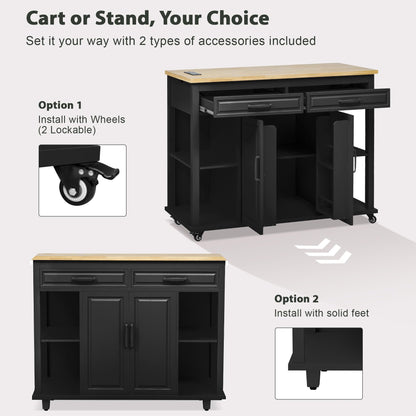 Ball & Cast Kitchen Island with Extendable Dining Table,Rubber Wood Veneer Kitchen Table with Internal Storage Rack,Power Outlet & USB Ports,Kitchen Cart On Wheels W/ 2 Drawers & 2 Cabinets,Black,47"