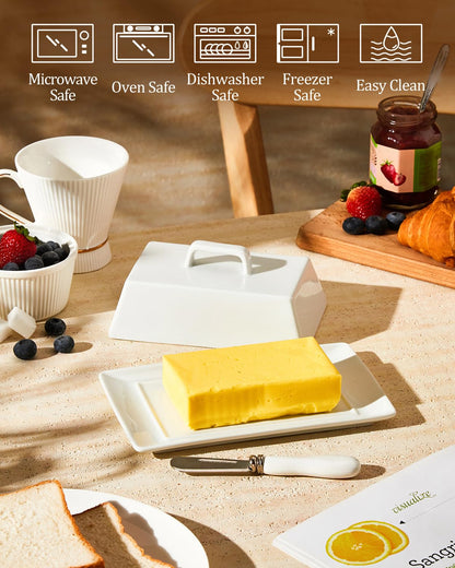 Yedio Large Butter Dish with Lid for Countertop, Porcelain Butter Keeper with Cover and Knife, Butter Holder Tray for 2 Sticks East Coast/West Coast/European Style Butter