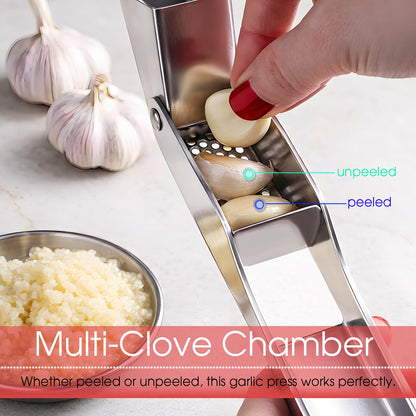 UOSLOR Garlic Press Heavy Duty Mincer and Peeler Set, Rust Proof 304 Stainless Steel Garlic Crusher, Easy-Squeeze Nut Ginger Chopper, Dishwasher Safe Kitchen Gadget