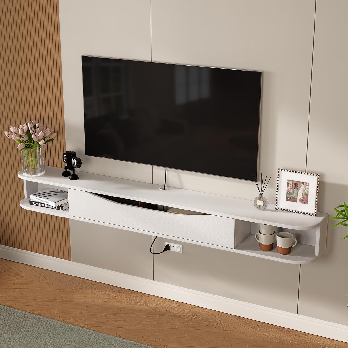 FurniNova 70'' Floating TV Stand, Modern Wall Mounted Media Console for 75 inch TV,Floating Entertainment Center with Storage,Under TV Shelf for Living Room Bedroom,White