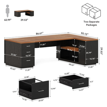 LITTLE TREE 87-Inch Modern Executive Desk with File Cabinet, Large Home Office Desk with Drawers, 3-Drawer Wooden File Cabinet, Spacious Workstation for Home Office (Brown & Black)